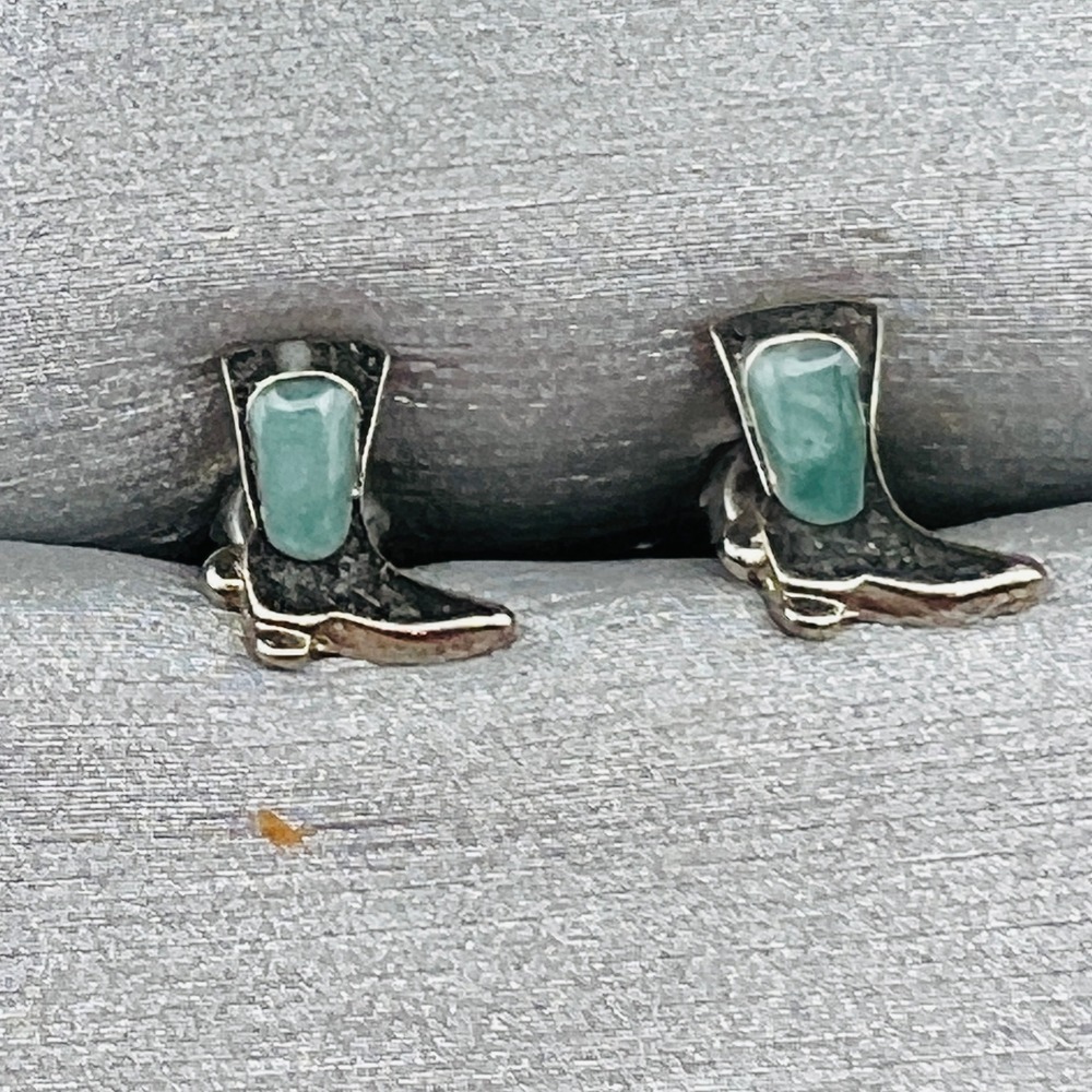 Silver Tone Cowboy Boot Stud Earrings with Teal Enamel Inlay Western Style